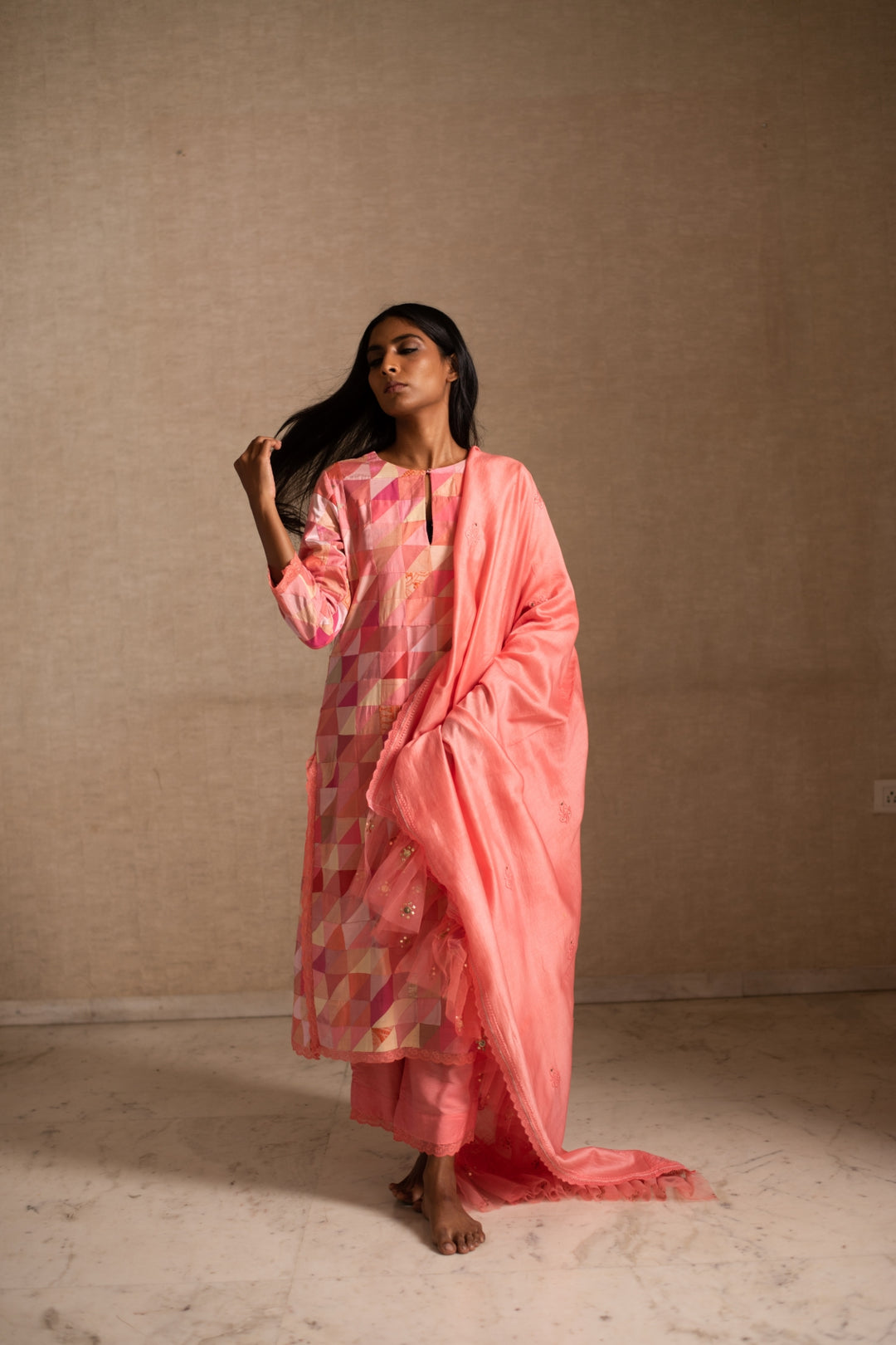 Afsa - Pink Upcycled Patchwork Kurta with Palazzo and Dupatta