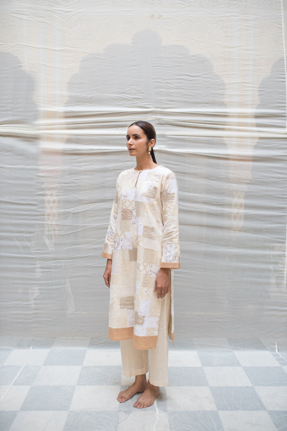 Aloka - Ivory Upcycled Patchwork Kurta with Khadi Cotton Palazzo