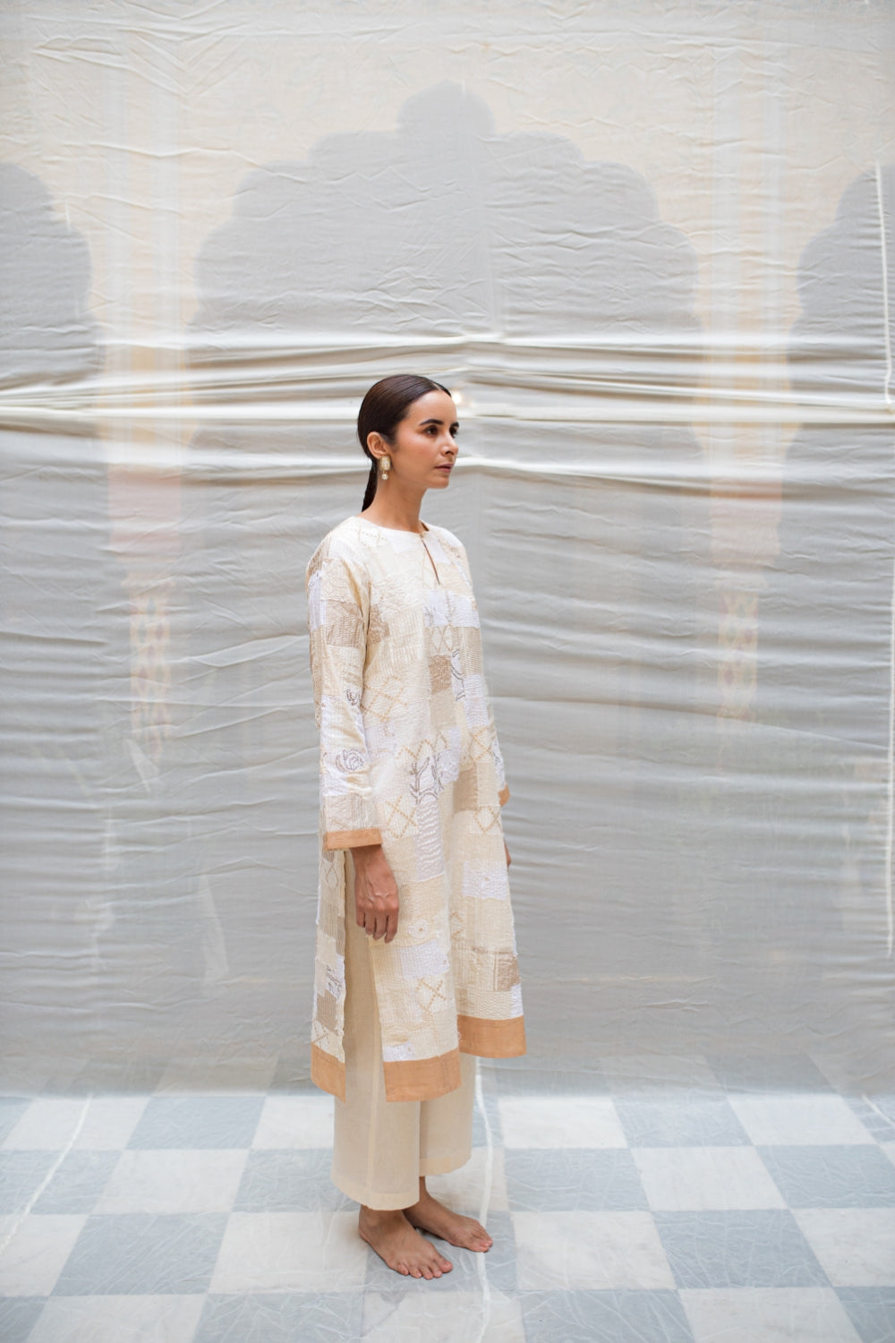 Aloka - Ivory Upcycled Patchwork Kurta with Khadi Cotton Palazzo