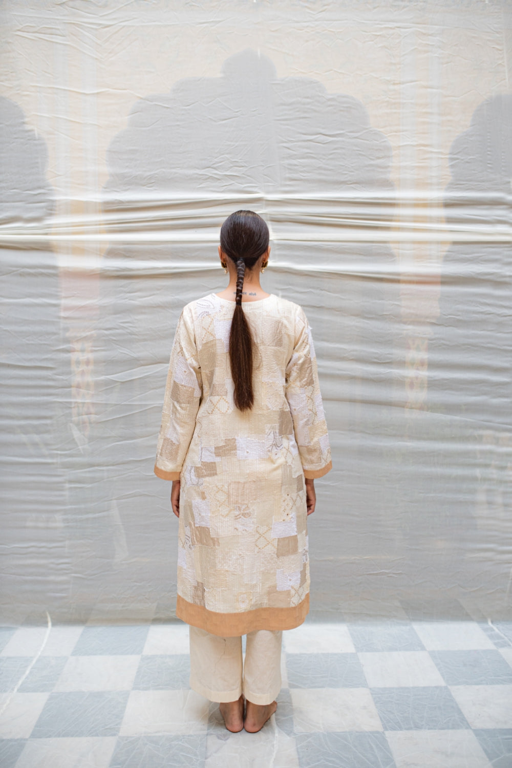 Aloka - Ivory Upcycled Patchwork Kurta with Khadi Cotton Palazzo