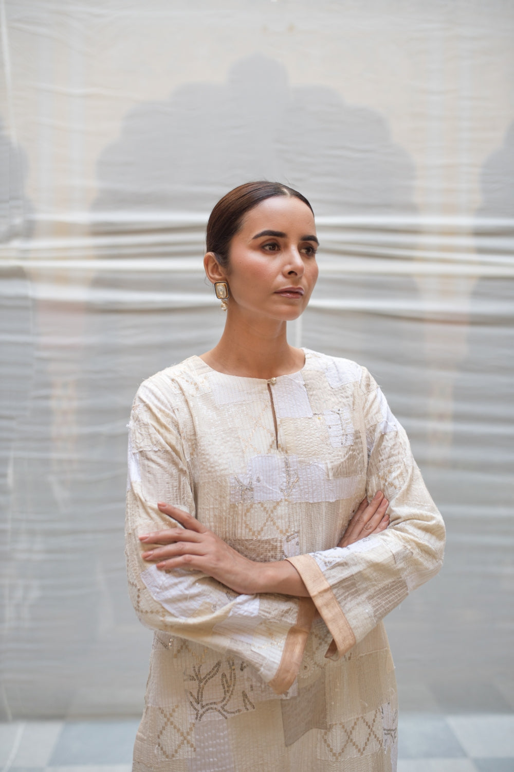 Aloka - Ivory Upcycled Patchwork Kurta with Khadi Cotton Palazzo