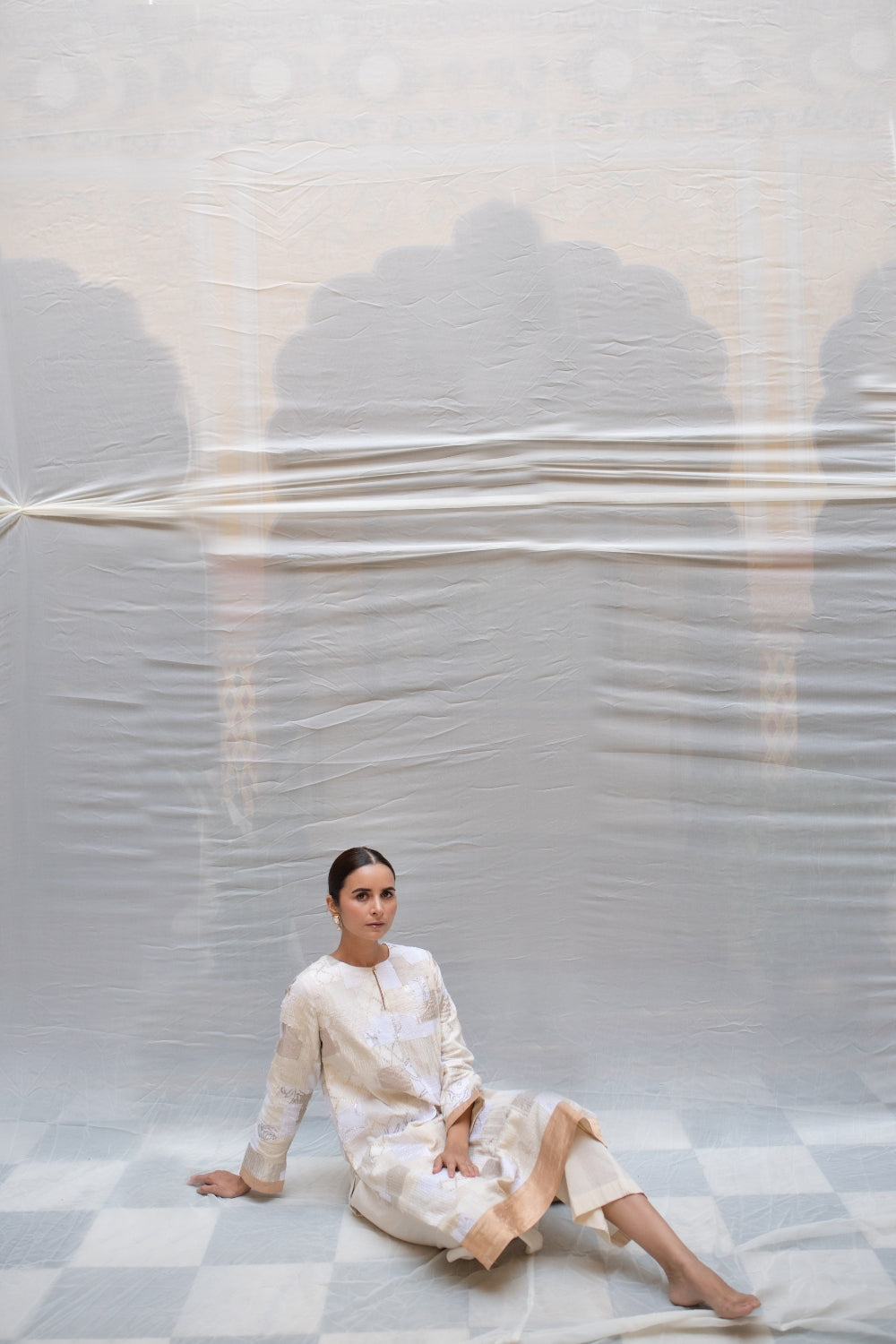 Aloka - Ivory Upcycled Patchwork Kurta with Khadi Cotton Palazzo