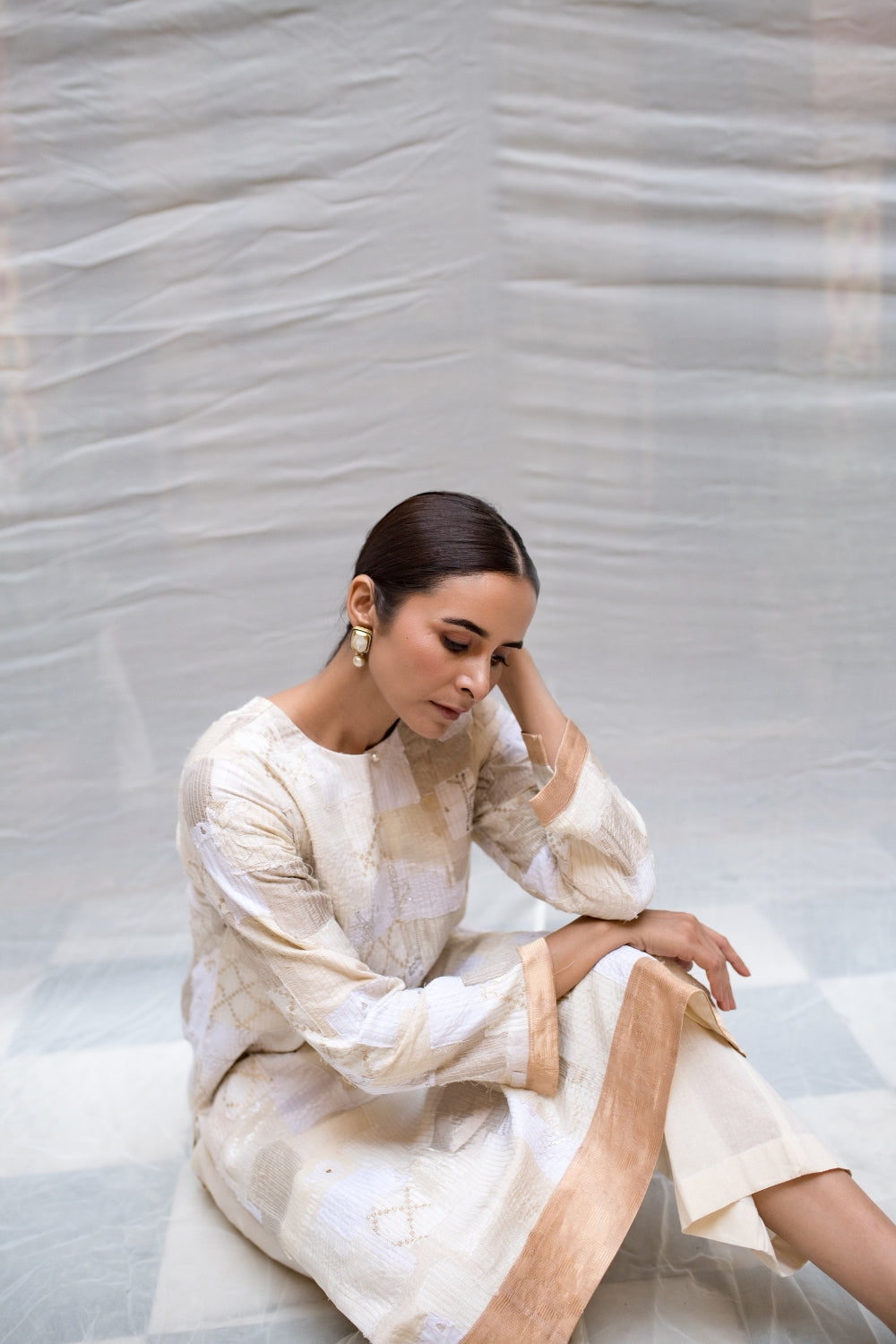 Aloka - Ivory Upcycled Patchwork Kurta with Khadi Cotton Palazzo
