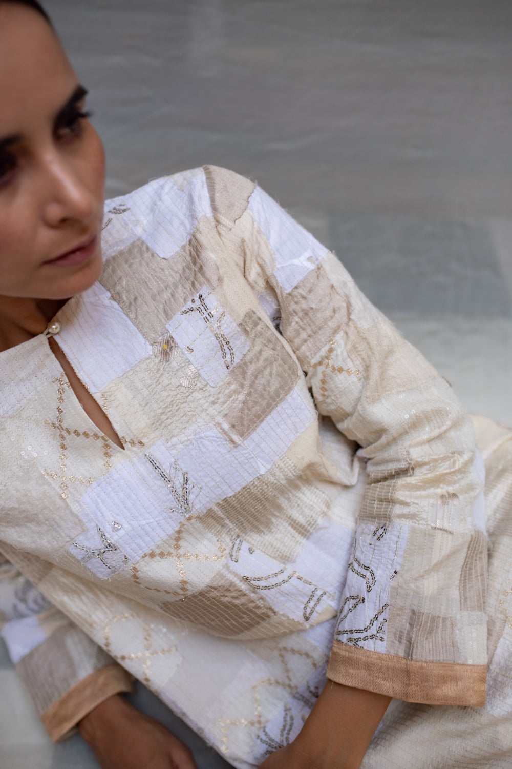 Aloka - Ivory Upcycled Patchwork Kurta with Khadi Cotton Palazzo