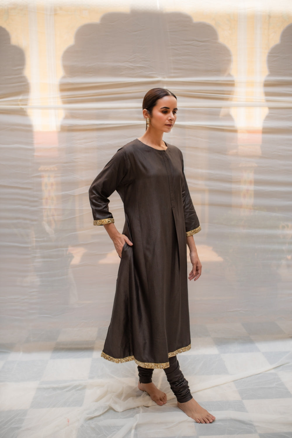 Yuvragi - Black Silk Lucknawi Style Kurta Set