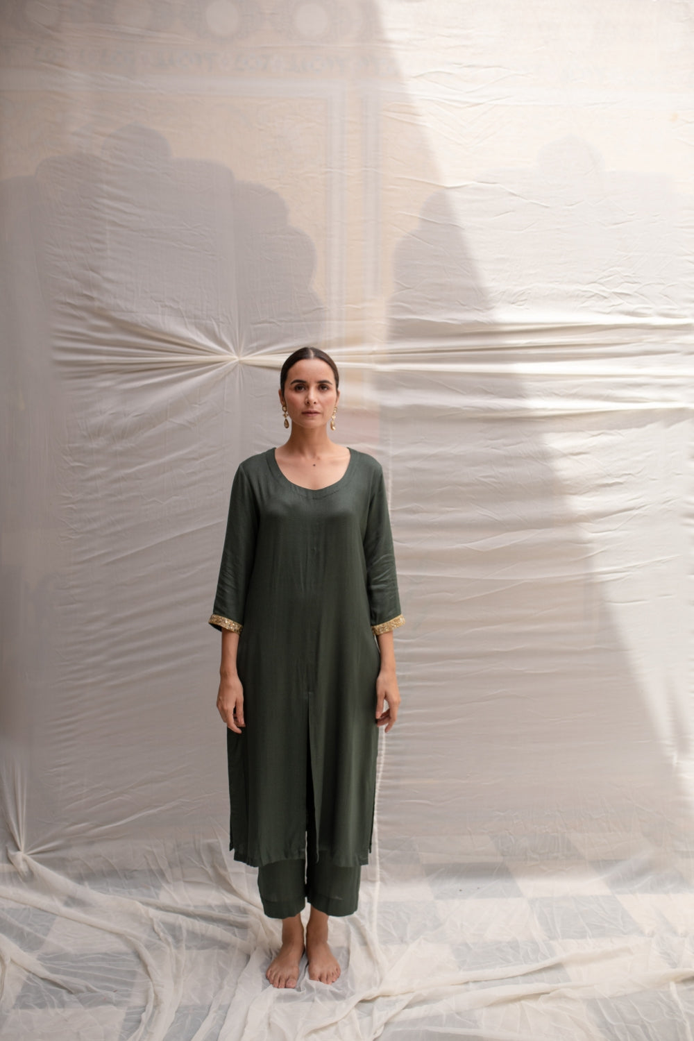 Yogeshwari - Dark Green Cotton Straight Kurta Set