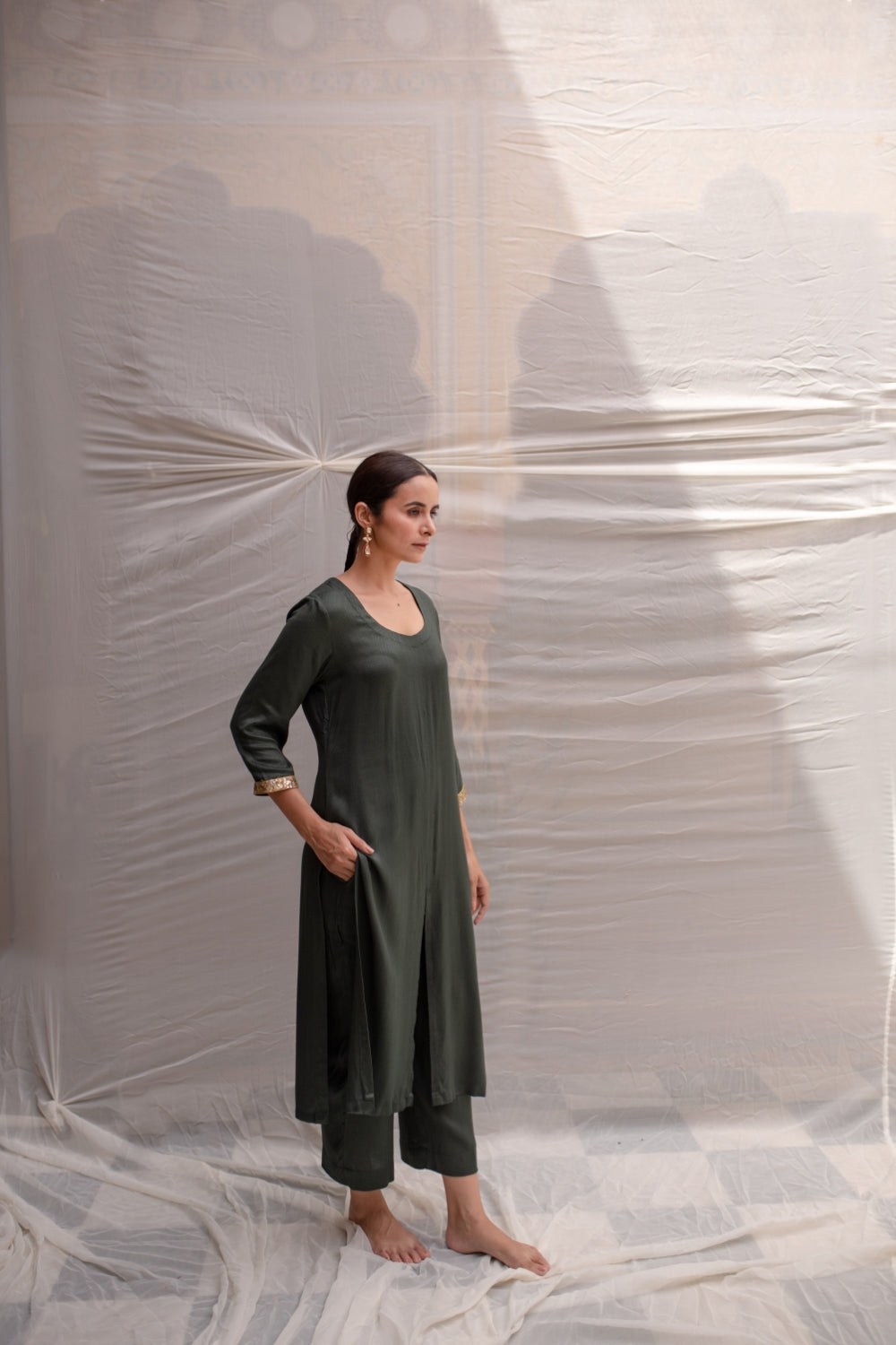 Yogeshwari - Dark Green Cotton Straight Kurta Set