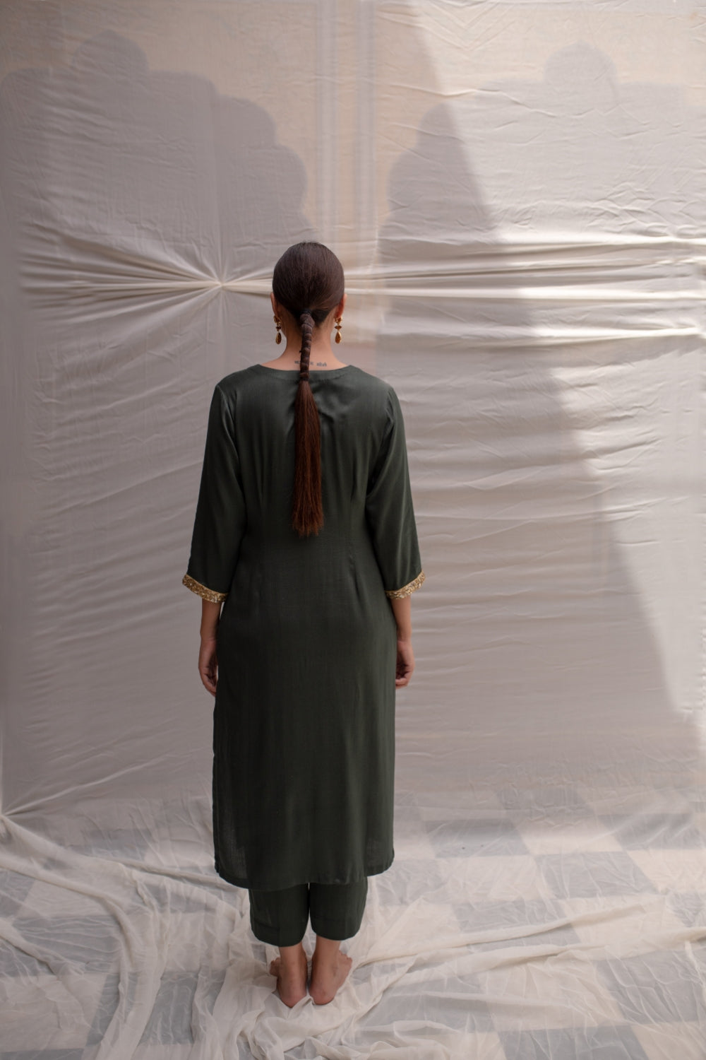 Yogeshwari - Dark Green Cotton Straight Kurta Set