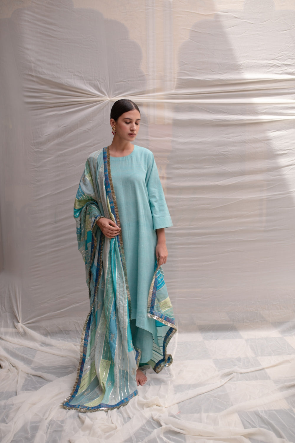 Maheshwari- Teal Upcycled Patchwork Dupatta