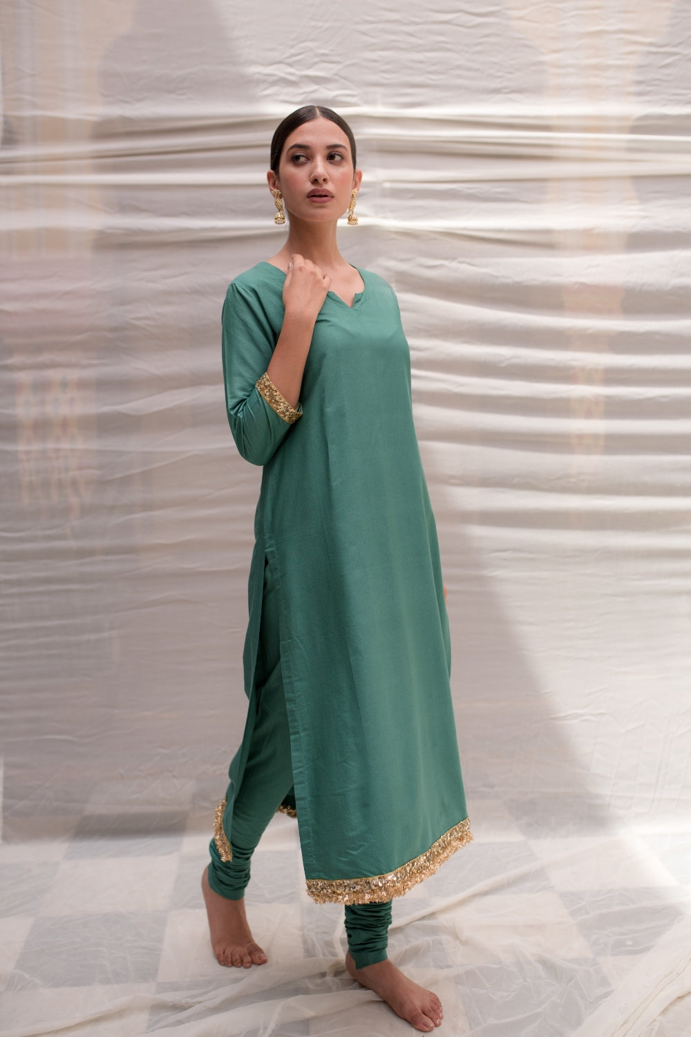 Sukritya - Teal Cotton Silk Straight Kurta Set