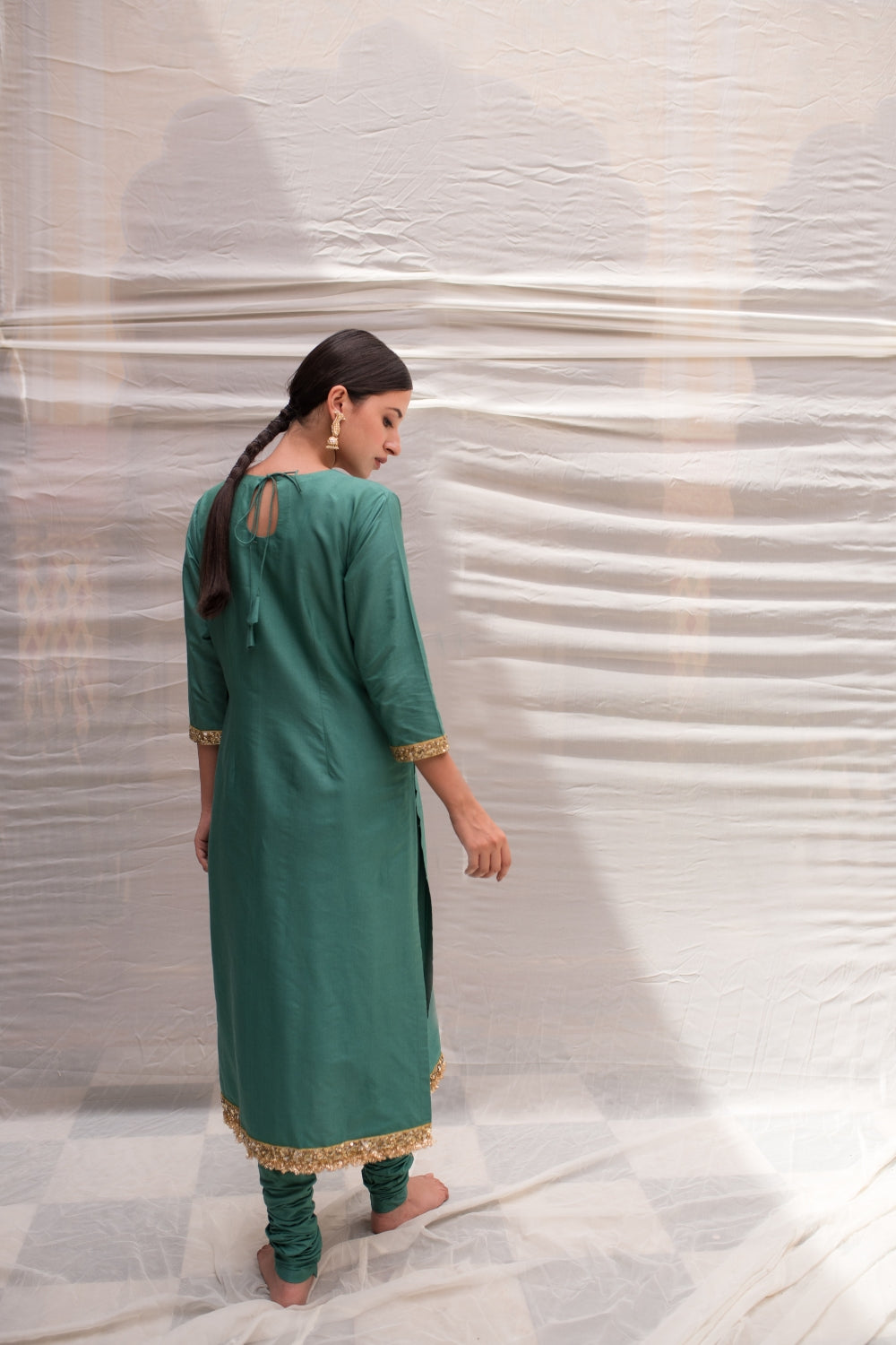 Sukritya - Teal Cotton Silk Straight Kurta Set