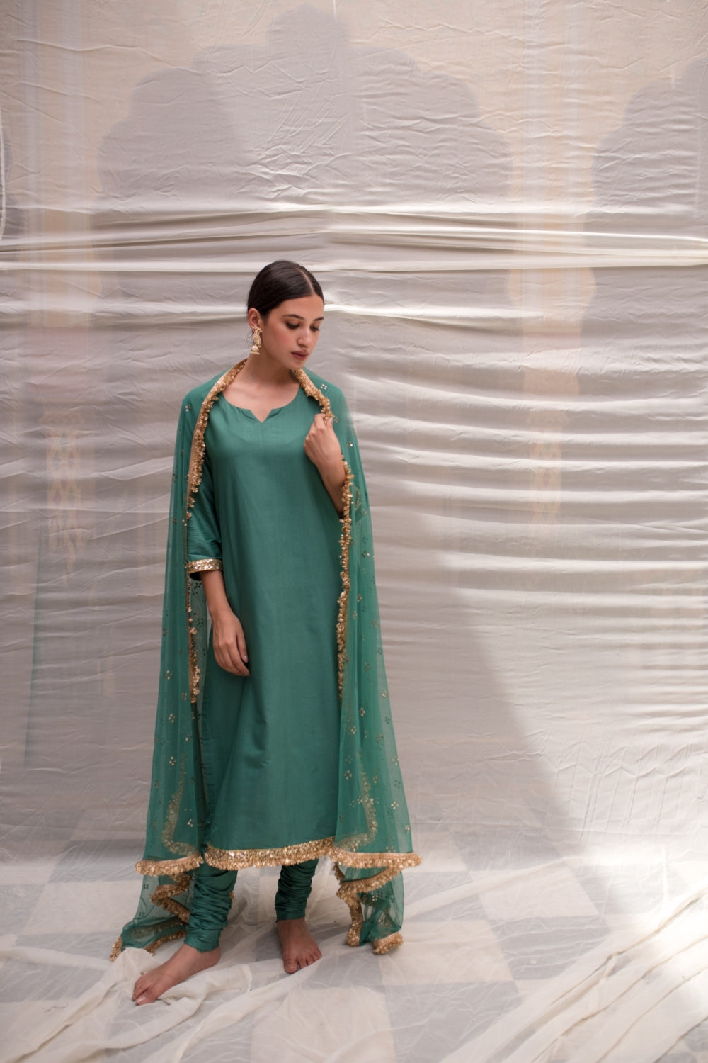 Sukritya - Teal Cotton Silk Straight Kurta Set