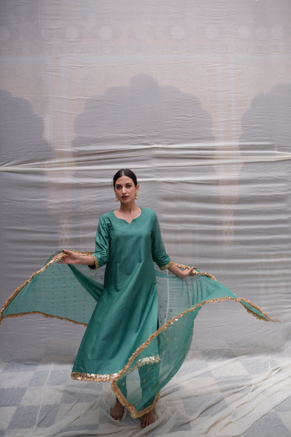 Sukritya - Teal Cotton Silk Straight Kurta Set