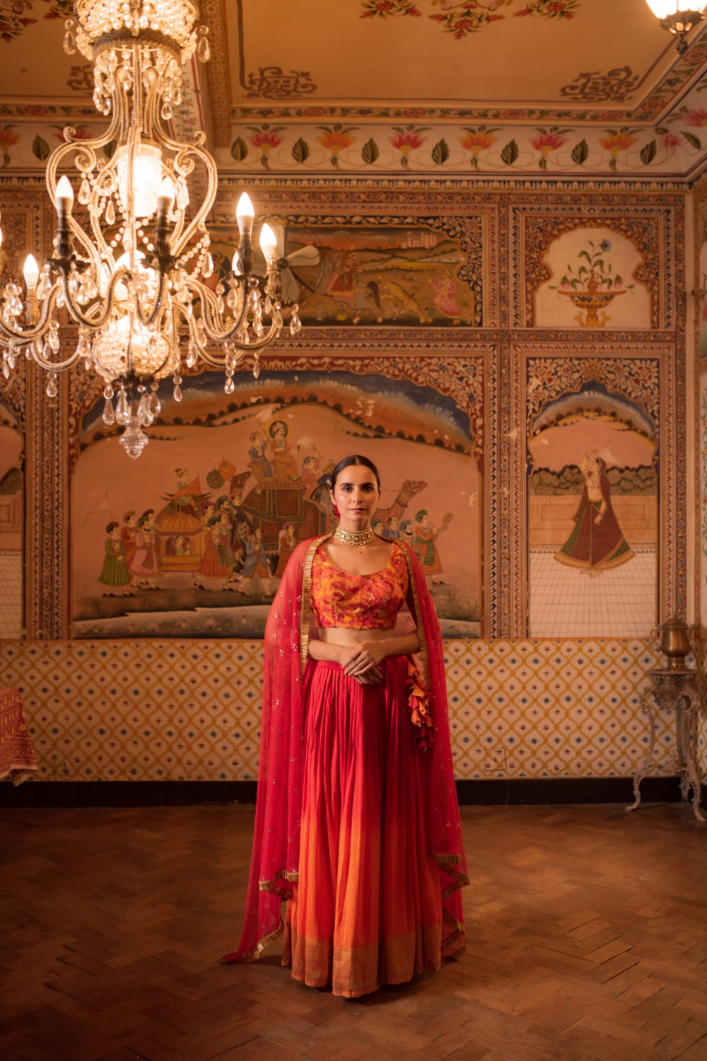 Garima + Trikuta- Red Orange Silk Silk Brocade Lehenga
