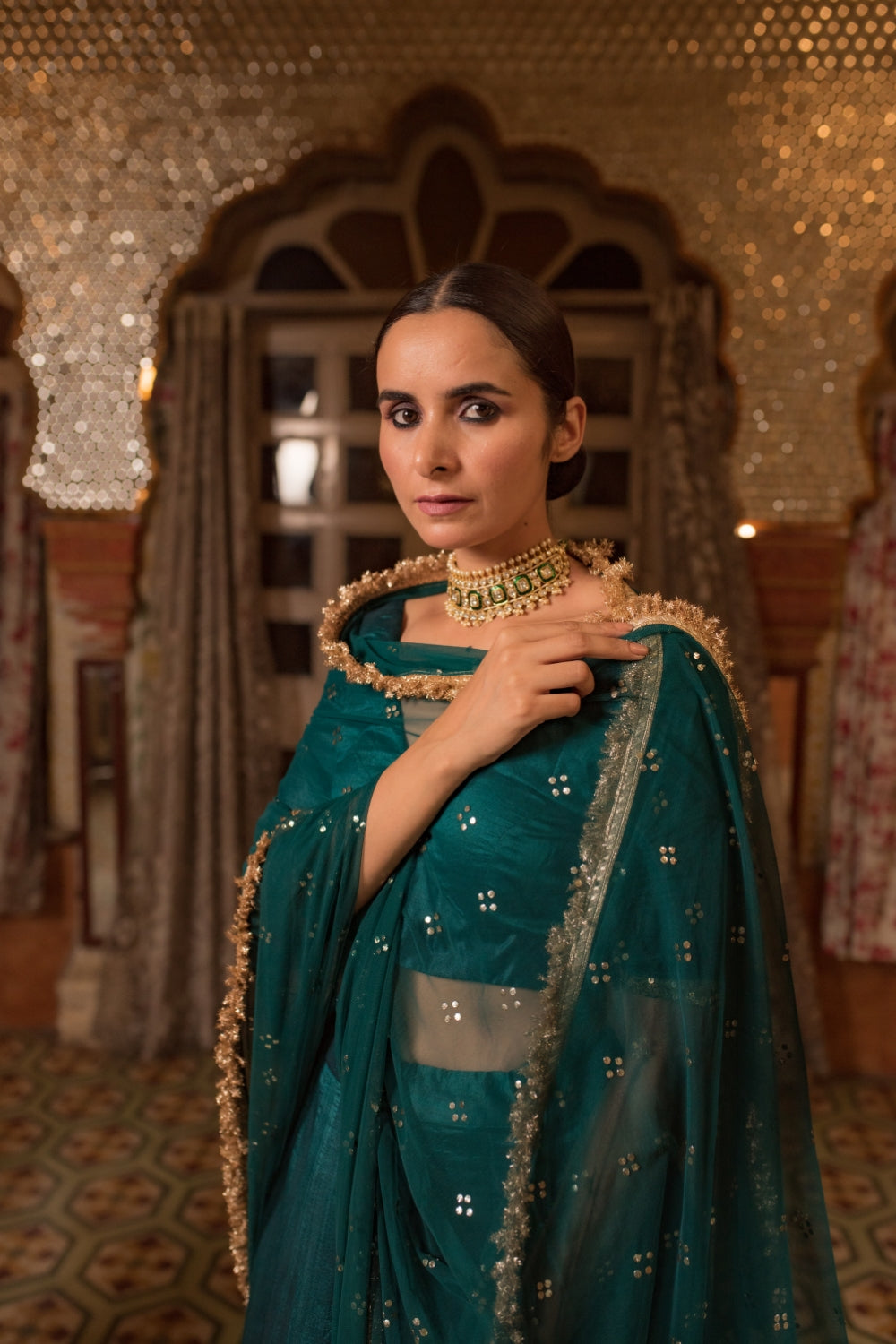Jayalakshmi- Teal Silk Chanderi Lehanga