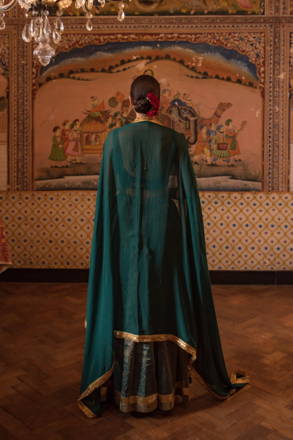 Pramsu- Teal Silk Chanderi Tissue Lehenga