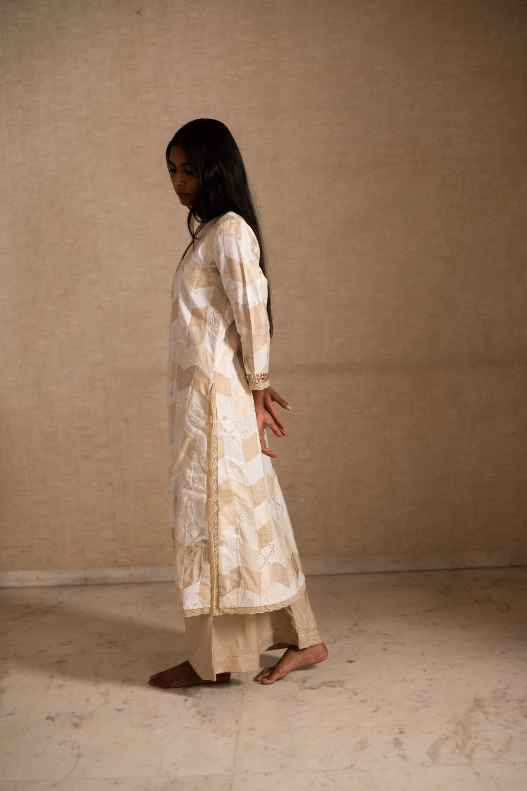 Adia & Benaj - Ivory Upcycled Patchwork Kurta with Silk Palazzo