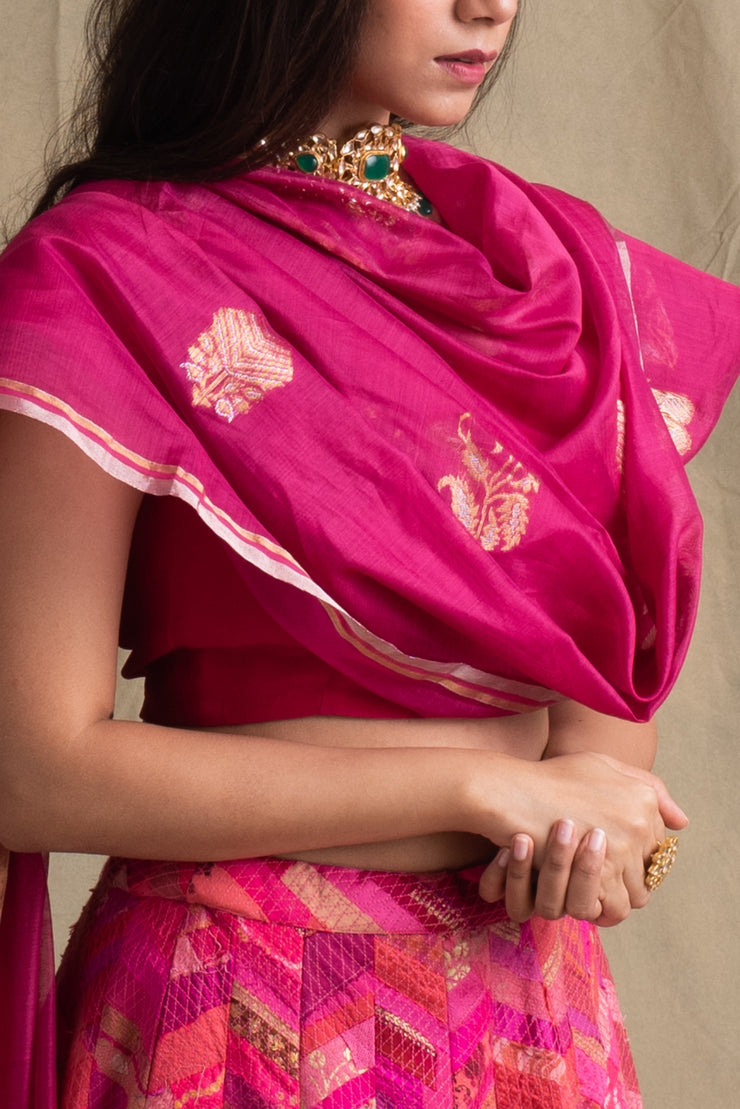 Misha- Pink Silk Chanderi Upcycled Patchwork Dupatta