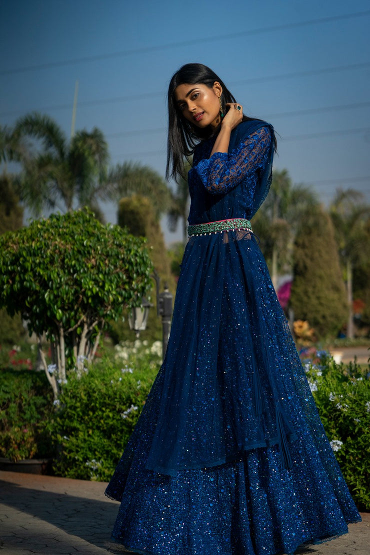 Chanda- Blue Tulle Sequined Hand-Embroidered Lehenga
