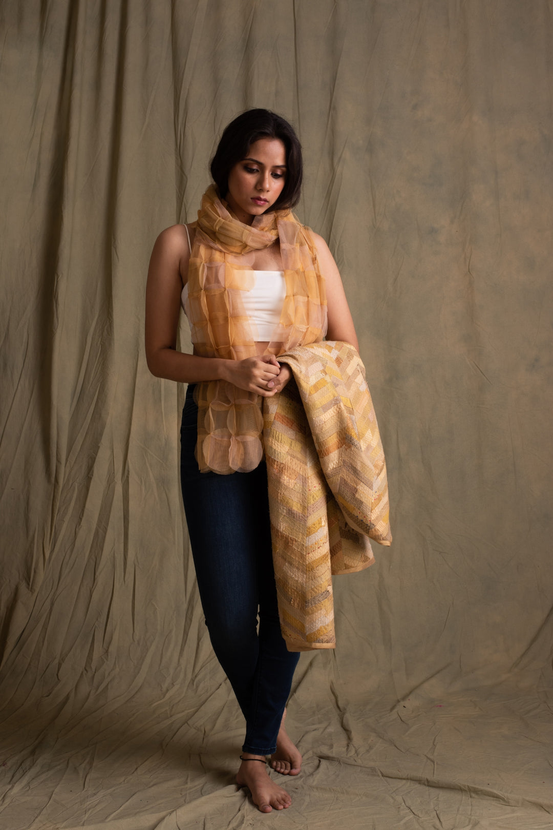 Ubika- Beige Tulle Upcycled Patchwork Stole