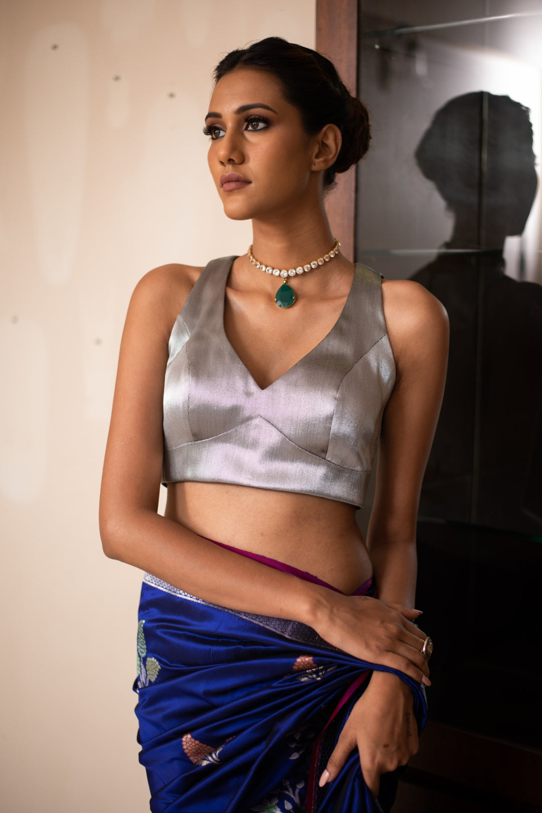 Zelda- Silver Silk Chanderi Tissue Blouse