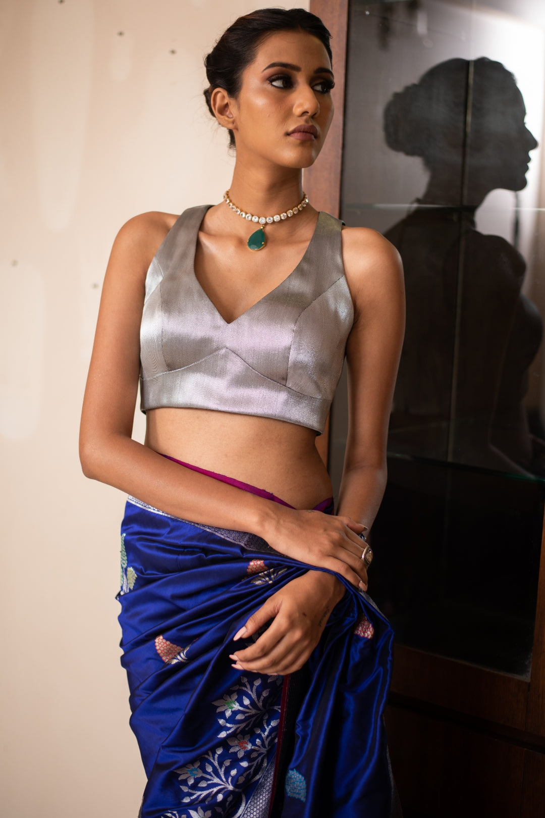 Zelda- Silver Silk Chanderi Tissue Blouse