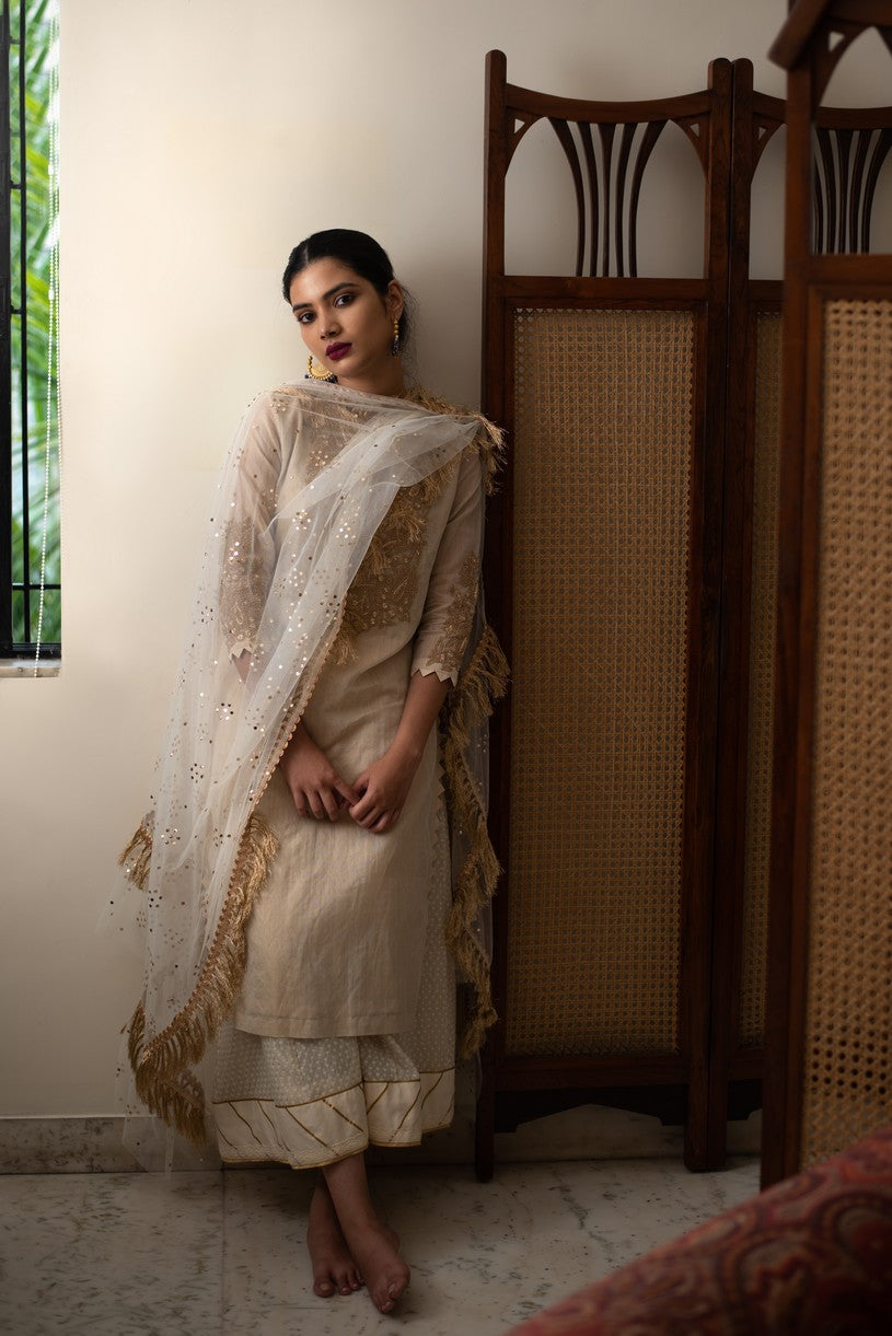 Parijaat - Beige Chanderi Tissue Kurta with Palazzo and Dupatta