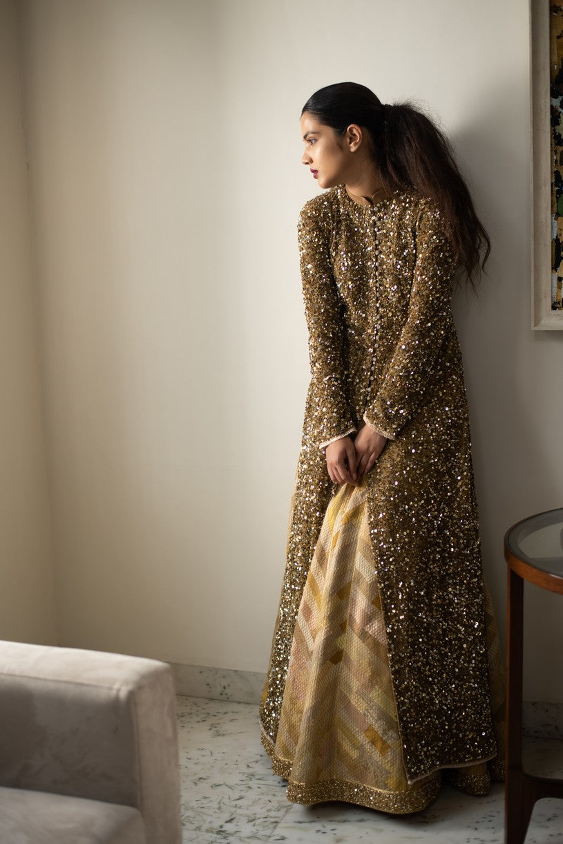 Sania & Rumra- Vintage Gold Tissue Lehenga