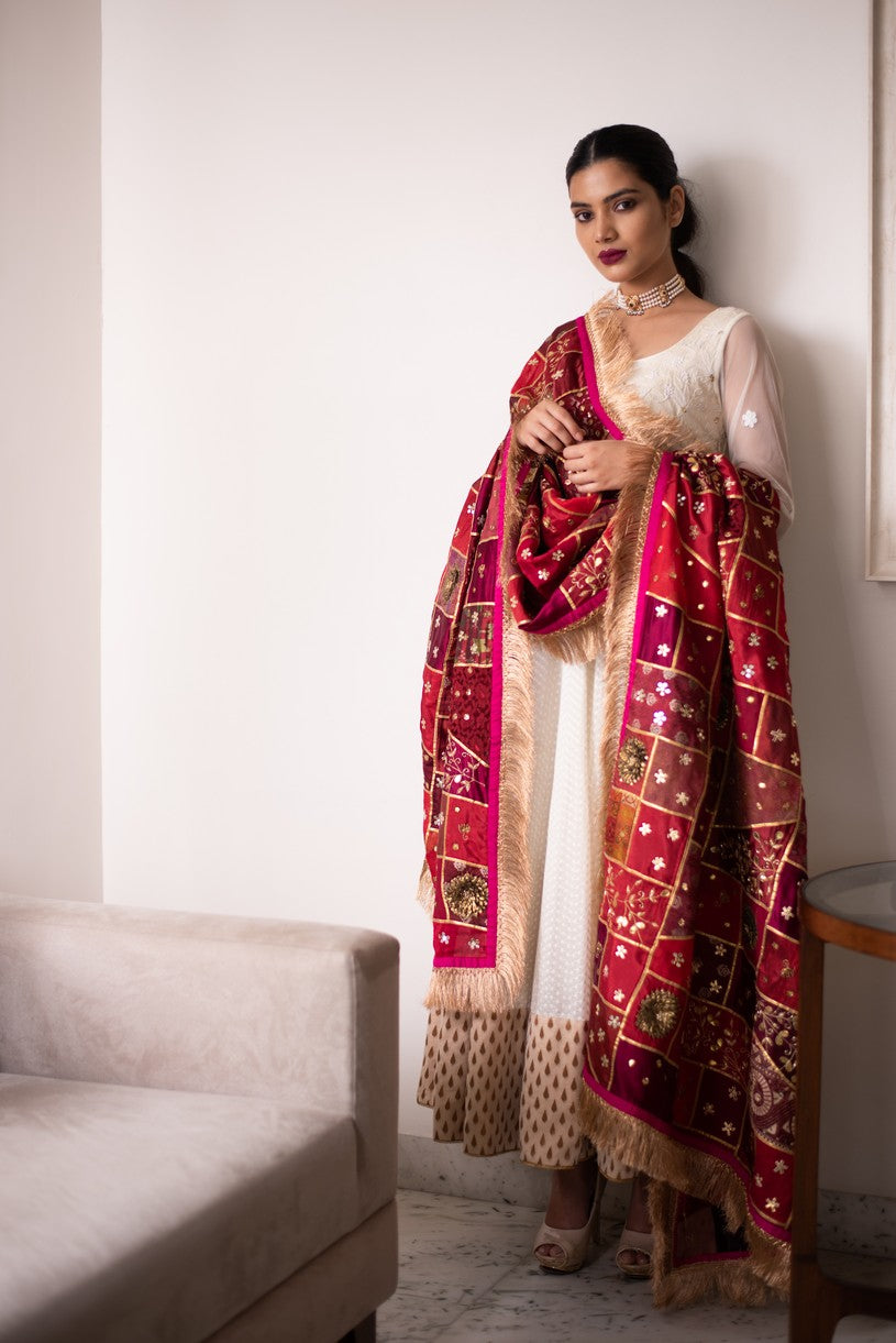 Artha- Burgundy Upcycled Patchwork Dupatta