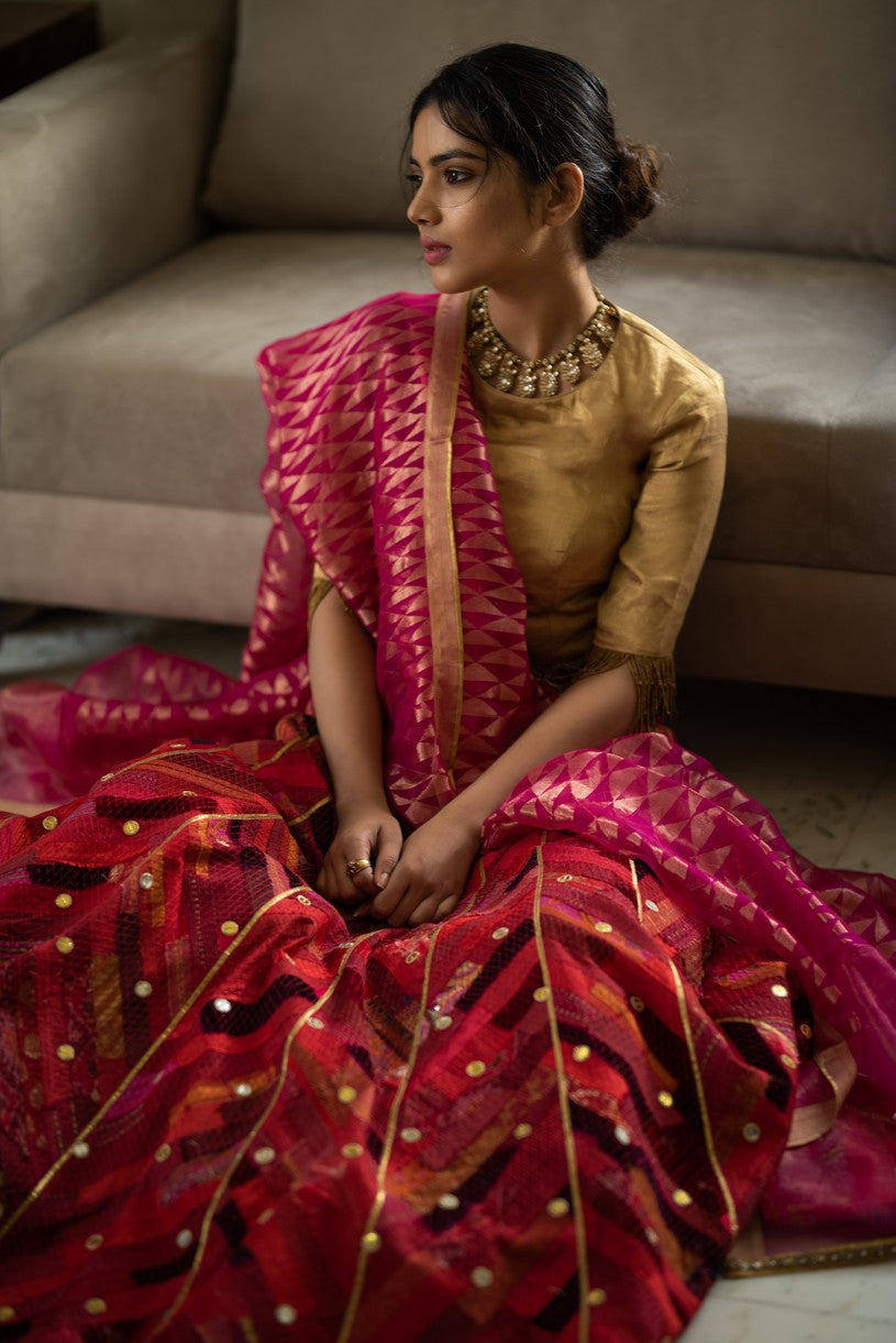 Gulaal- Red- Burgundy Upcycled Patchwork Lehenga