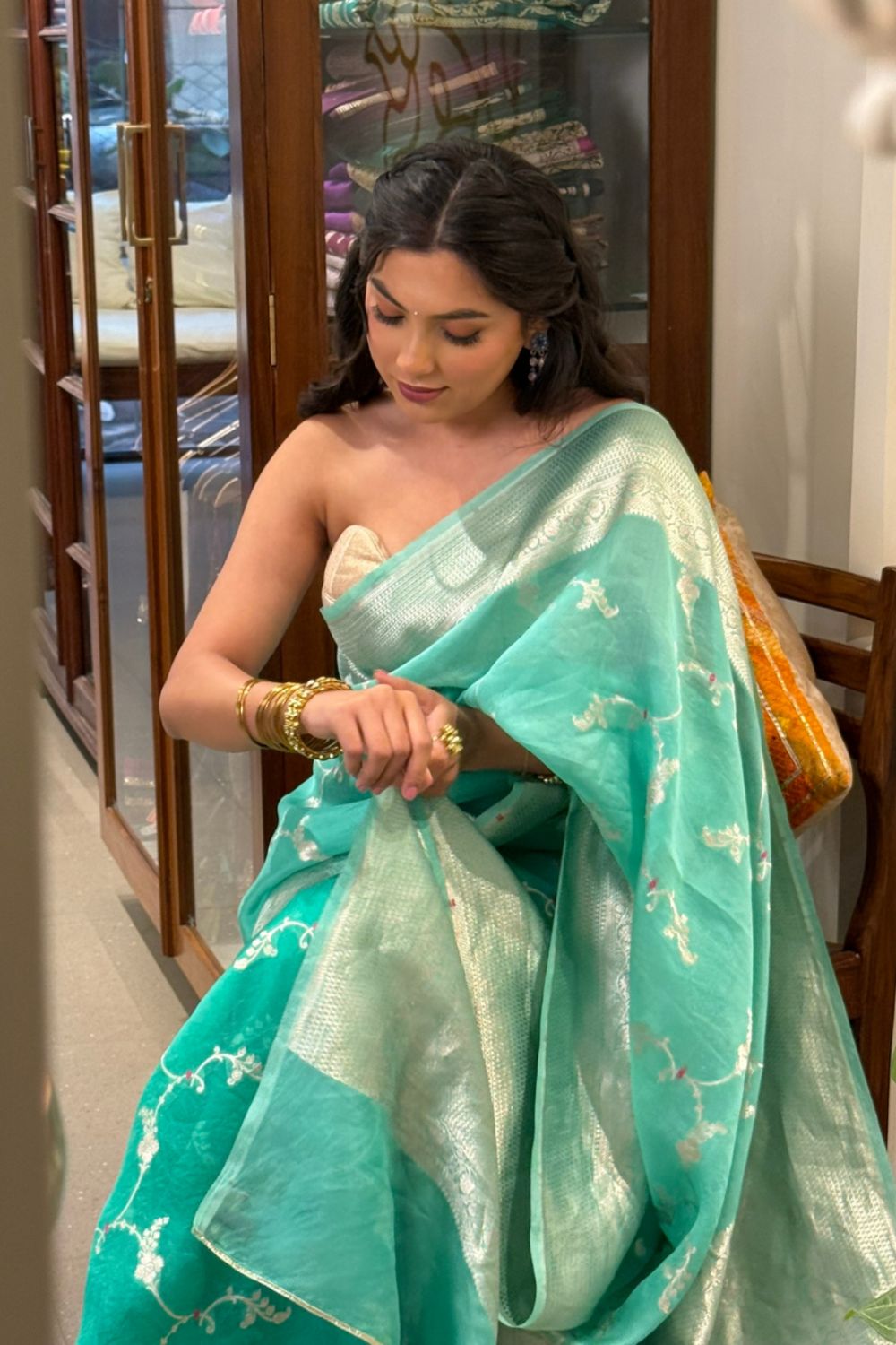 Varuni - Teal Organza Silk Banarasi Saree