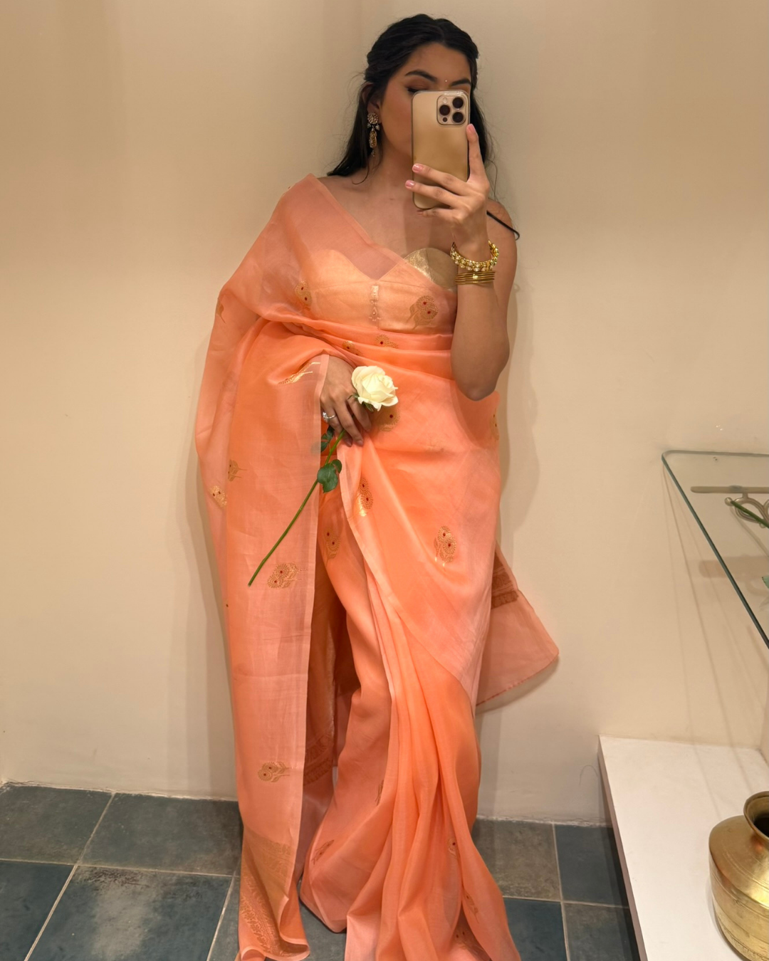 Lalita - Coral Silk Organza Banarasi Saree