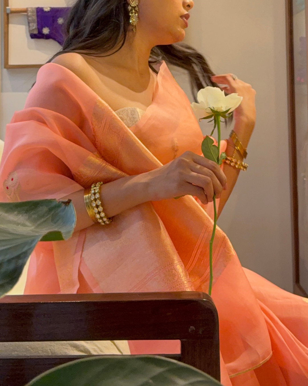Lalita - Coral Silk Organza Banarasi Saree