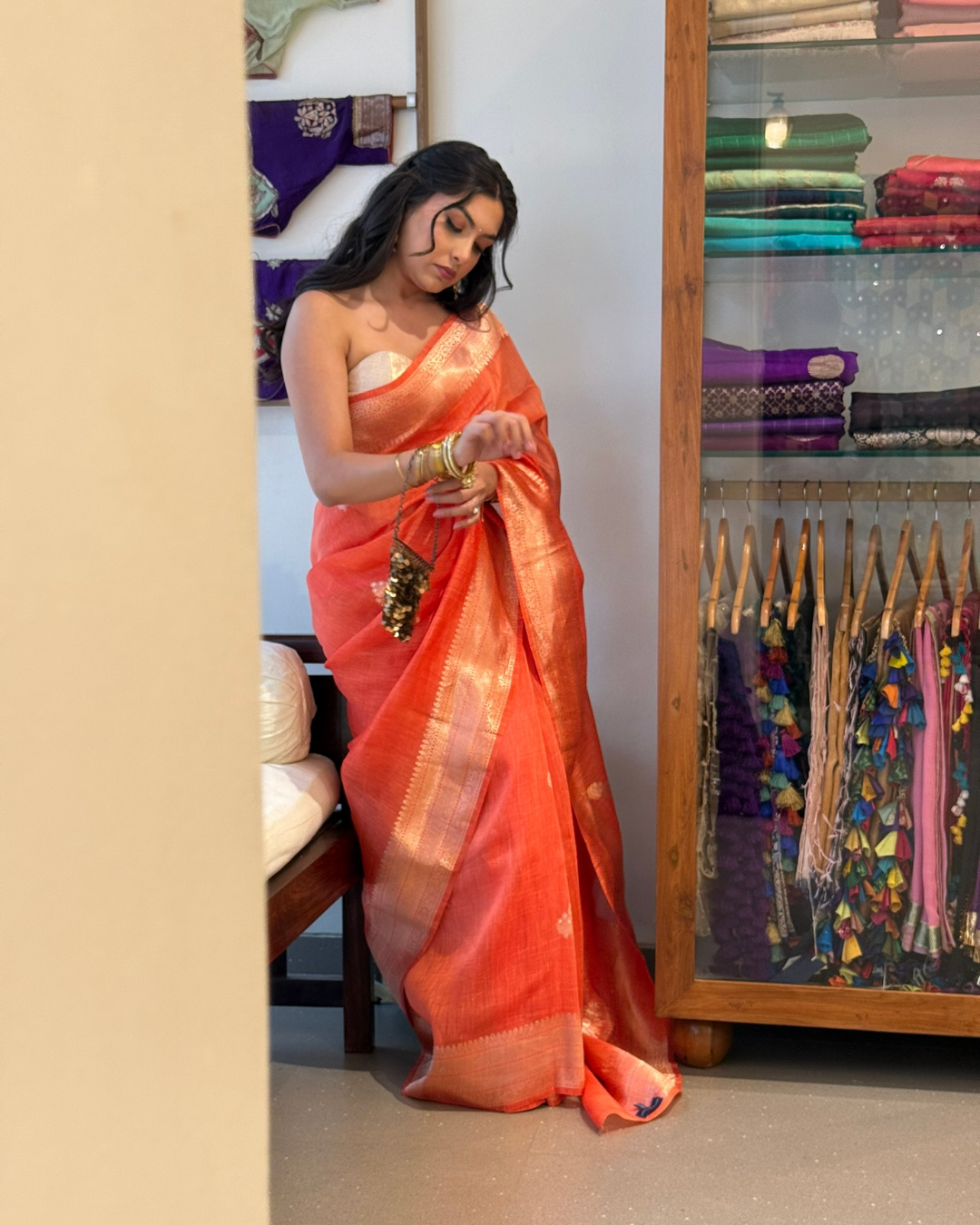 Karva - Orange Linen- Silk Banarasi Saree