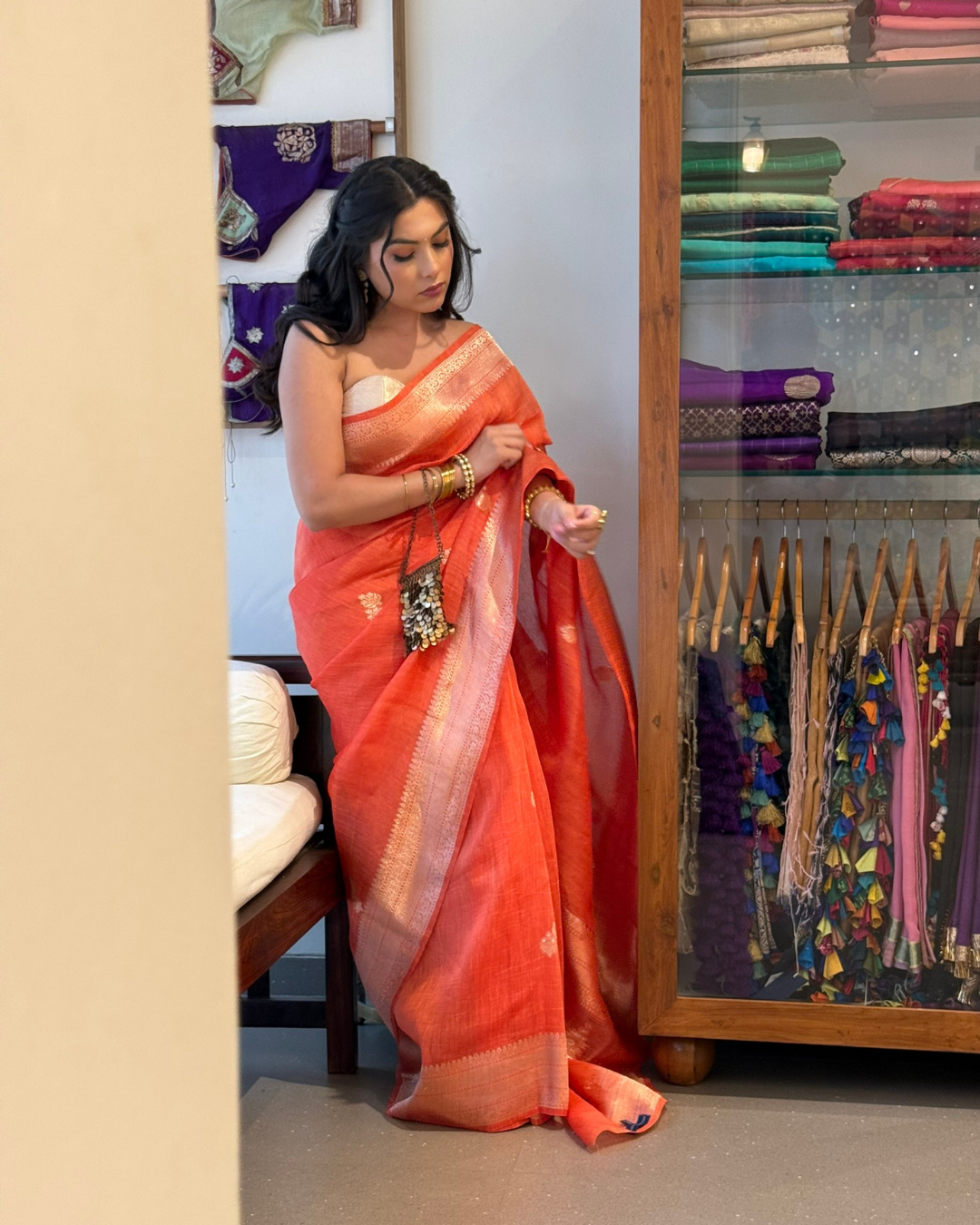 Karva - Orange Linen- Silk Banarasi Saree