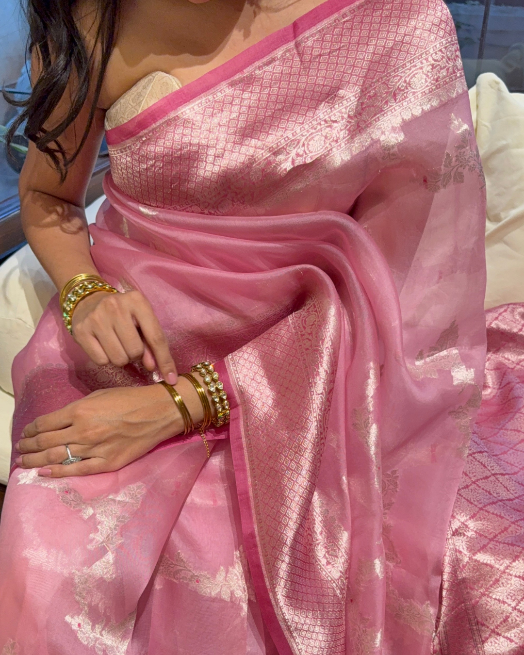 Varuni - Salmon Pink Organza Silk Banarasi Saree