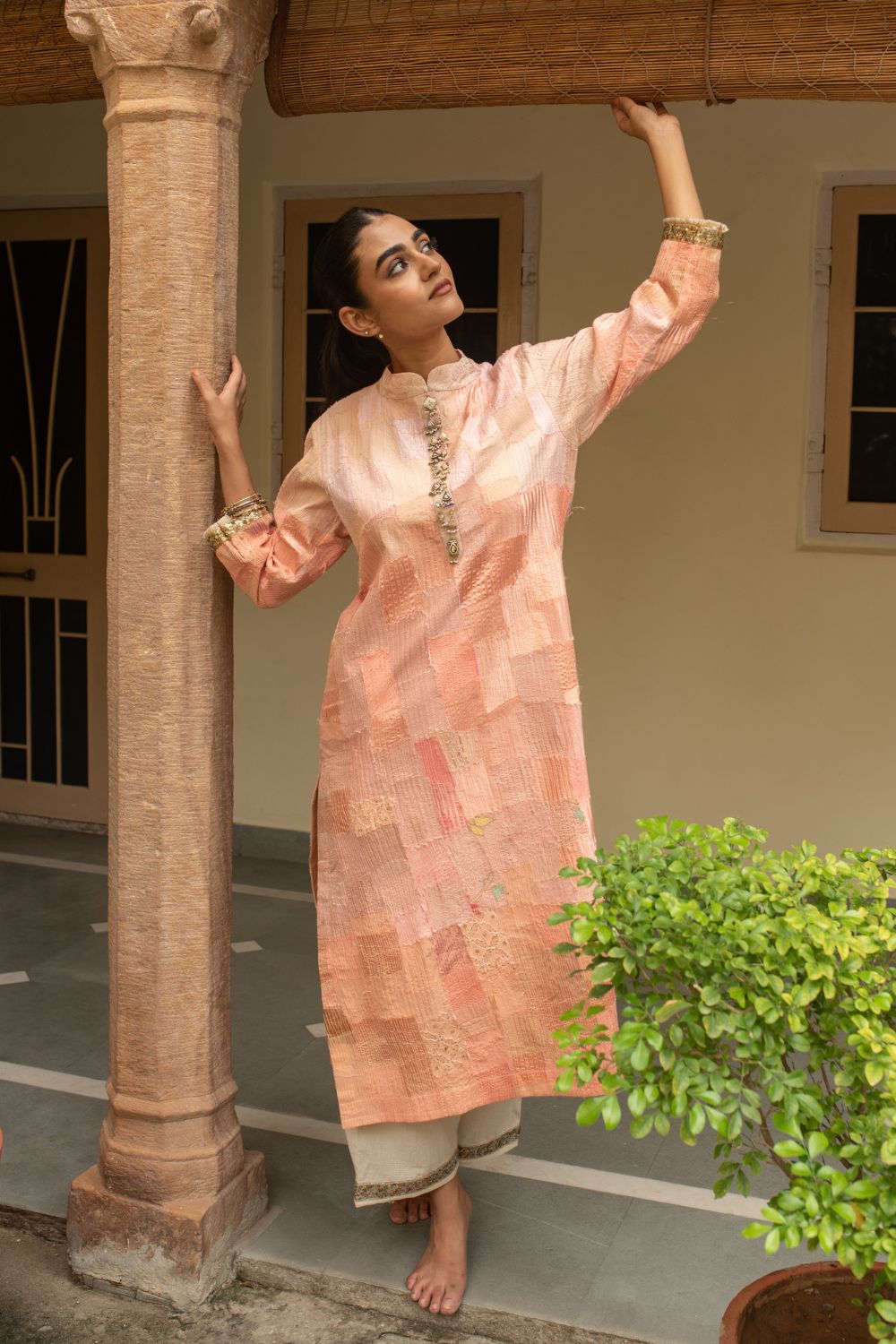 Chayana - Peach Upcycled Patchwork Kurta and Pant Set