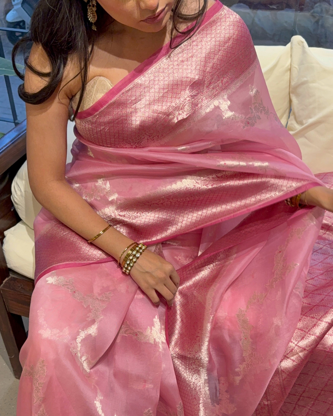 Varuni - Salmon Pink Organza Silk Banarasi Saree