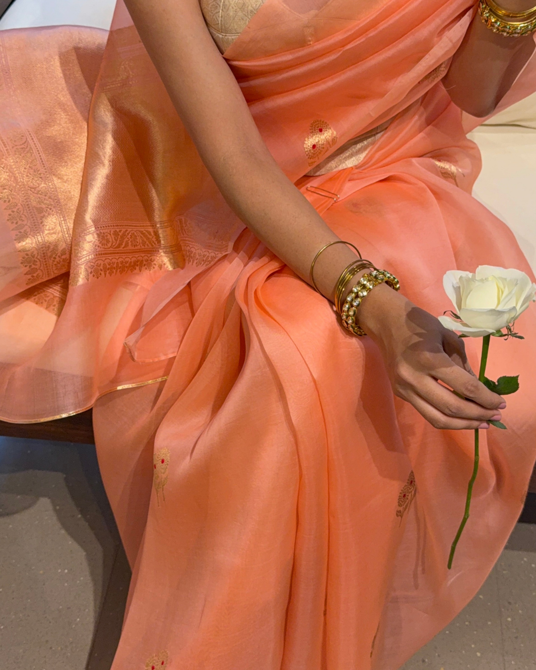 Lalita - Coral Silk Organza Banarasi Saree