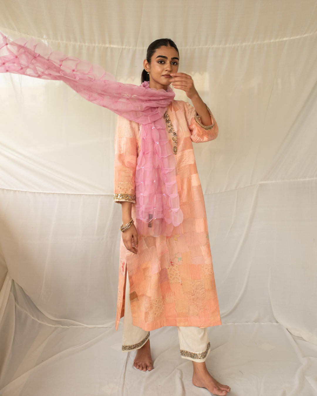 Chayana - Peach Upcycled Patchwork Kurta and Pant Set