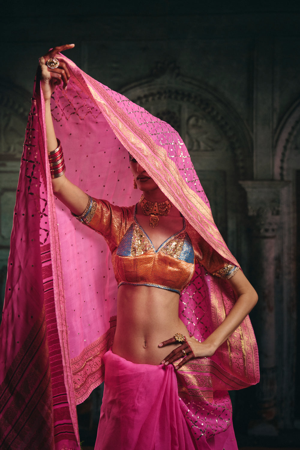 Akira - Pink Silk Organza Mukaish Banarasi Saree