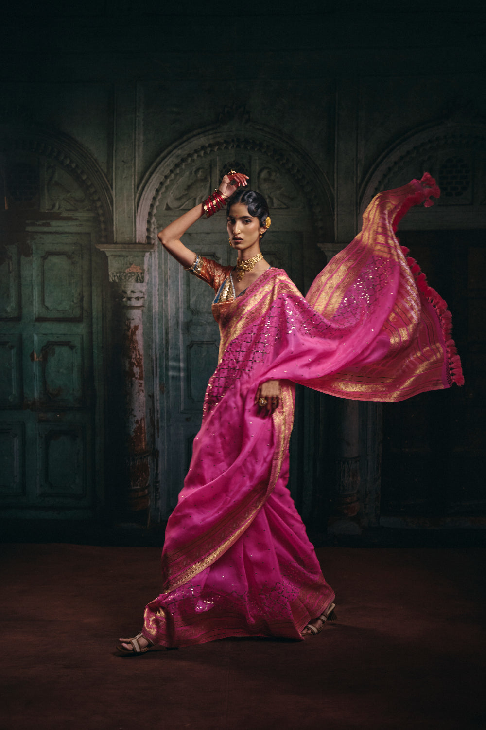 Akira - Pink Silk Organza Mukaish Banarasi Saree
