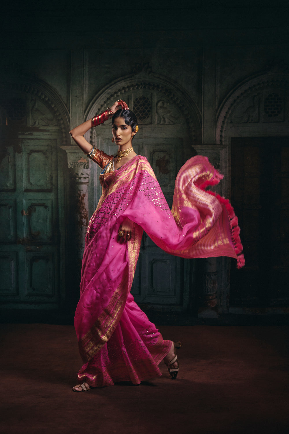 Akira - Pink Silk Organza Mukaish Banarasi Saree