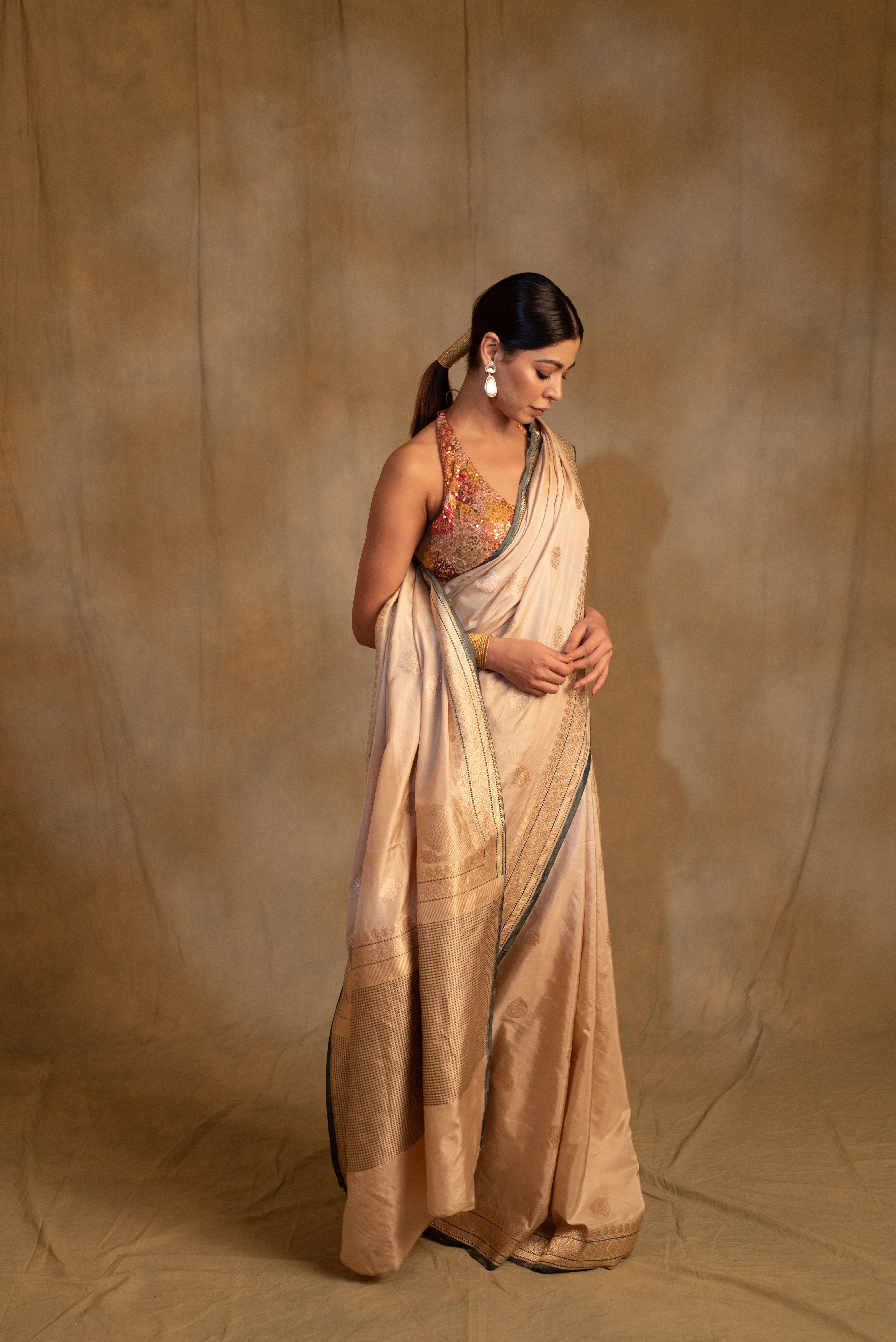 Arshiya- Beige Silk Brocade Saree