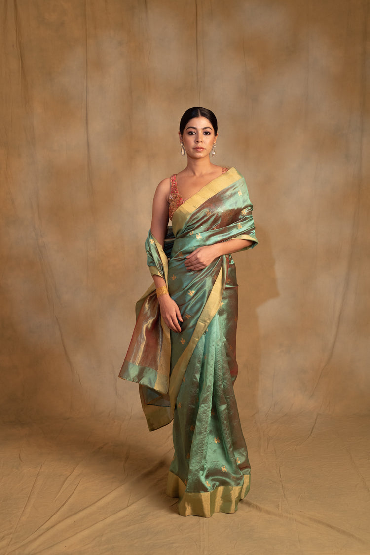 Harela- Sea Green Silk Chanderi Tissue Saree