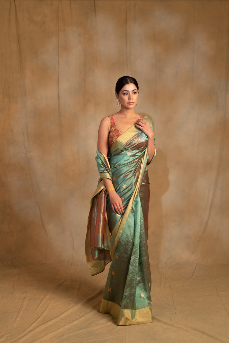 Harela- Sea Green Silk Chanderi Tissue Saree