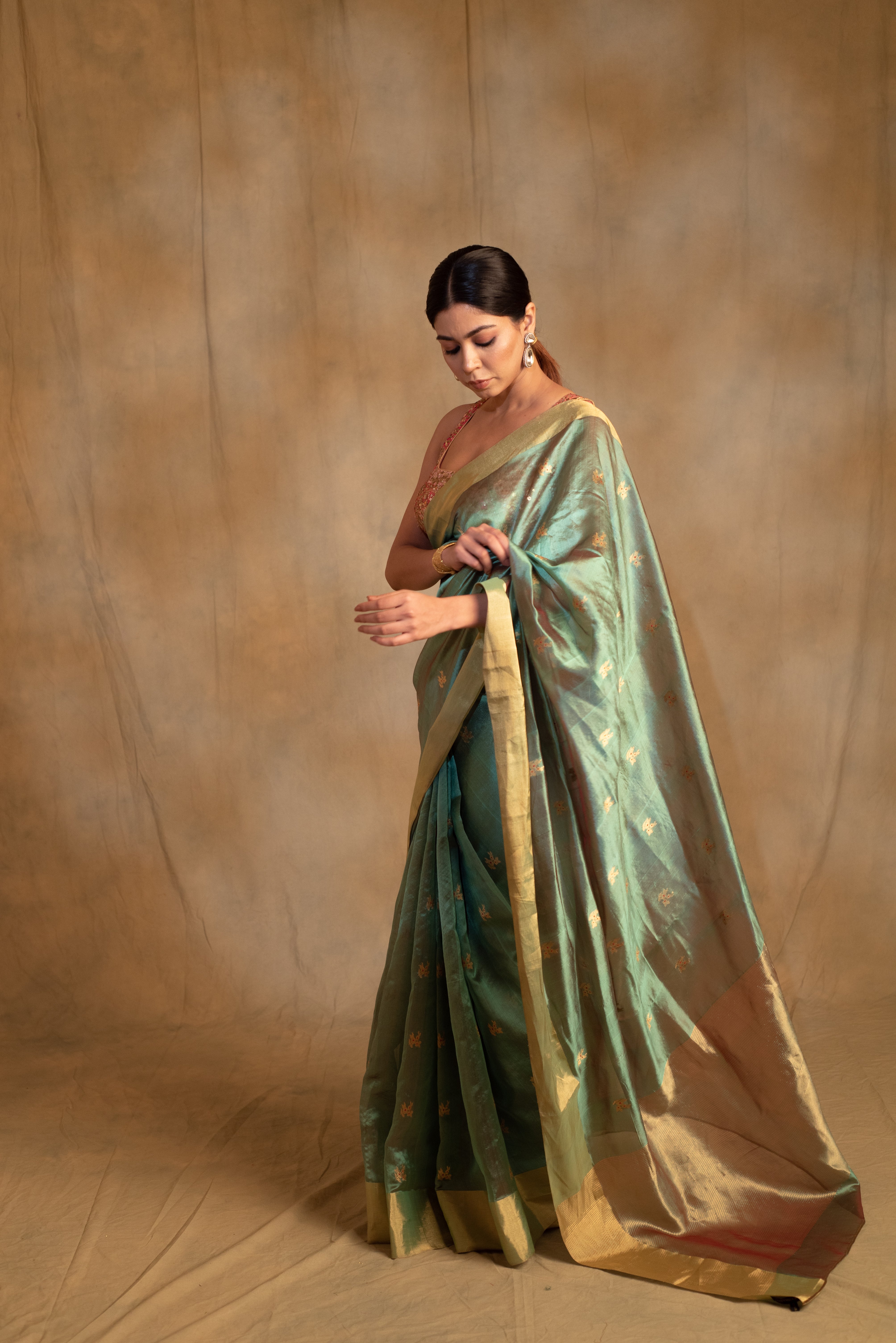 Harela- Sea Green Silk Chanderi Tissue Saree