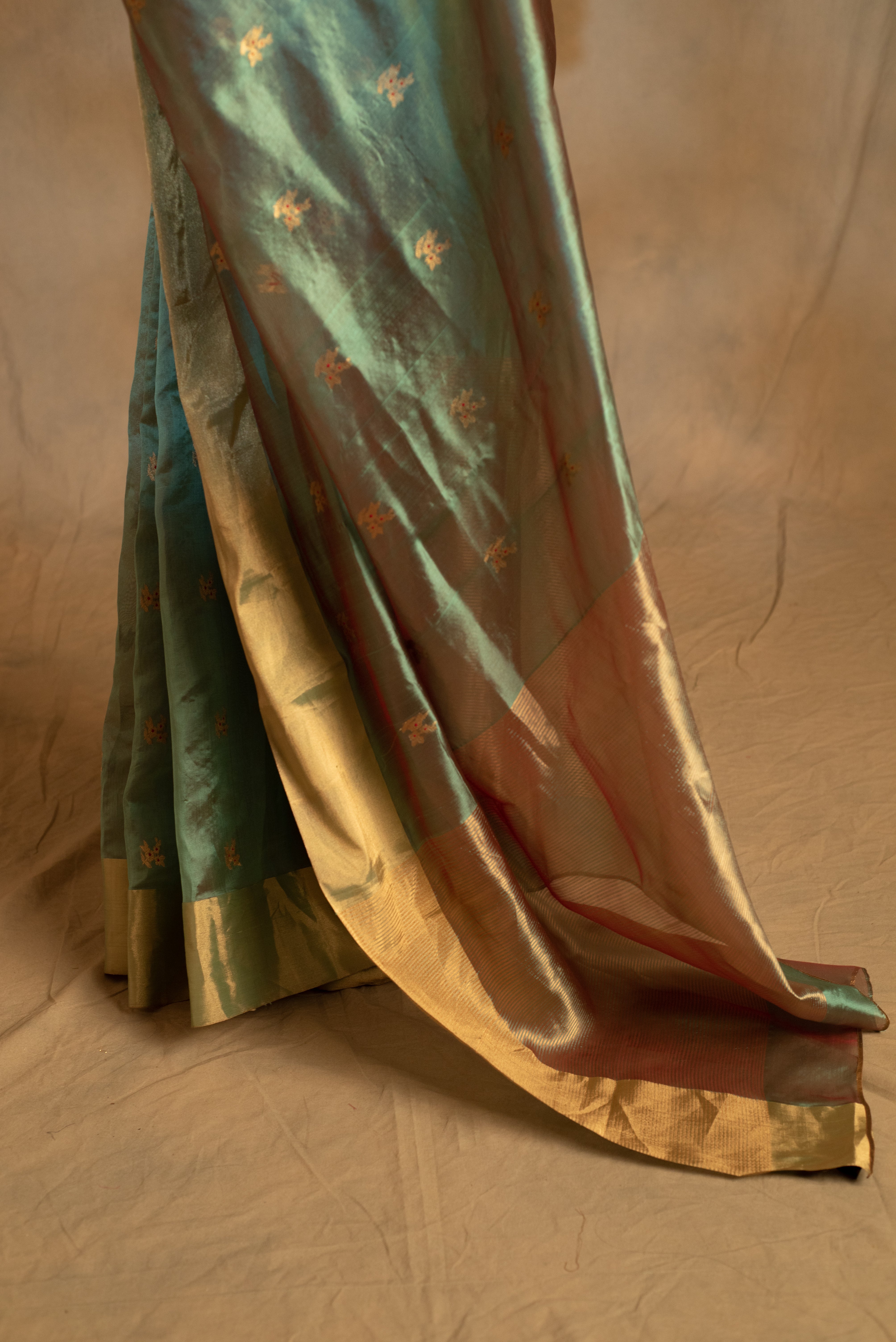 Harela- Sea Green Silk Chanderi Tissue Saree