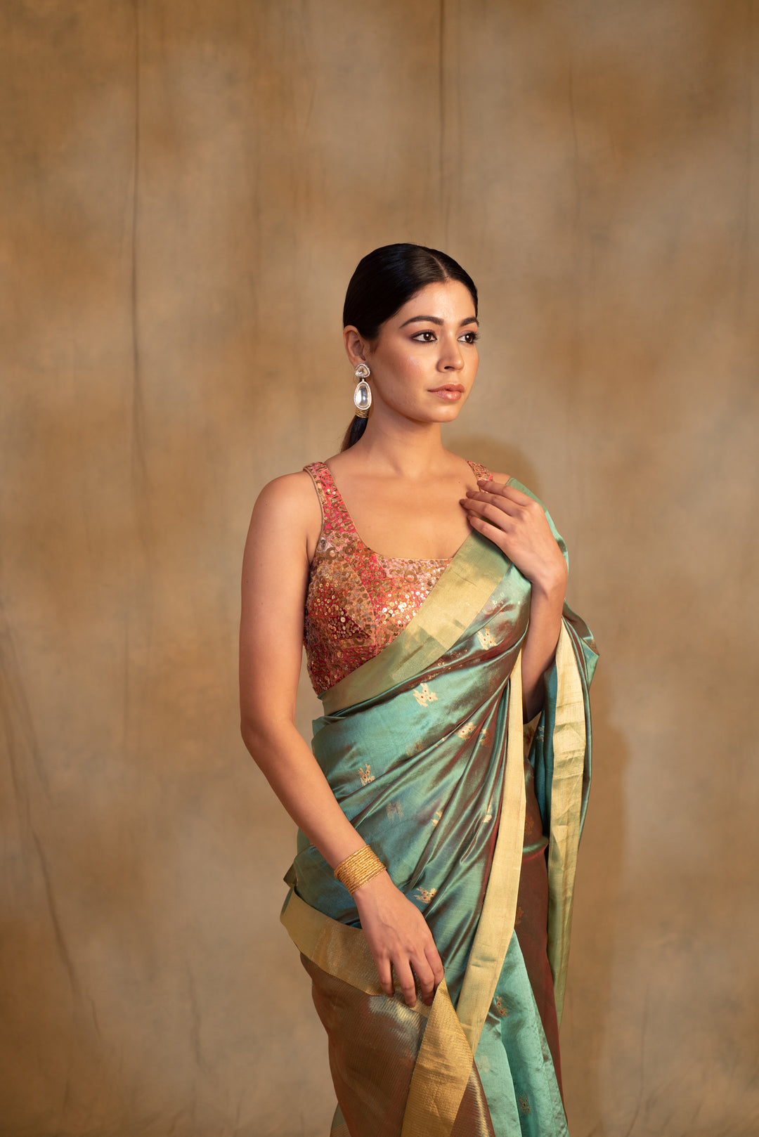 Harela- Sea Green Silk Chanderi Tissue Saree