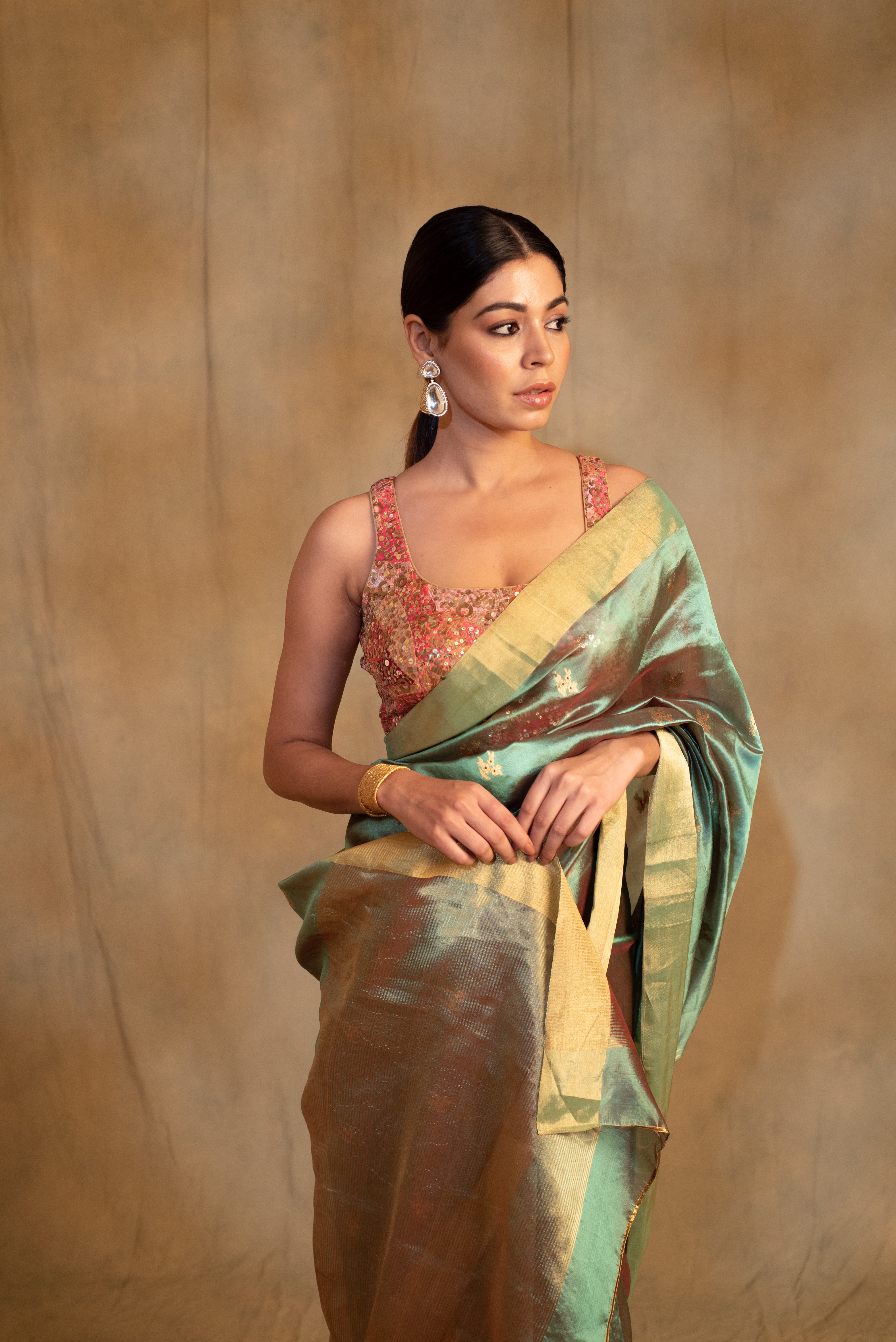 Harela- Sea Green Silk Chanderi Tissue Saree